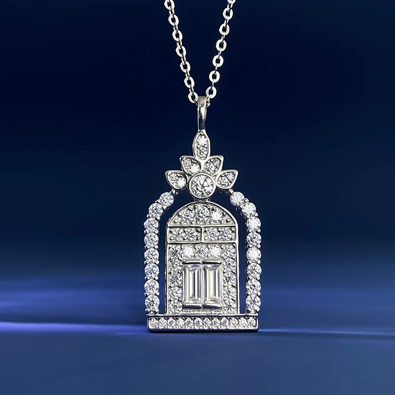 S925 Silver Gate of Happiness Castle Necklace Full Moissanite Diamond Women Fashion Light Luxury Elegant Collarbone Chain Gift