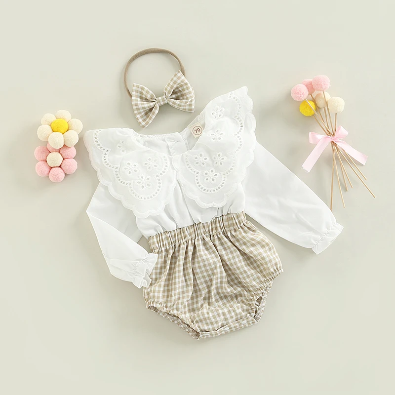 Tregren 0-18M Cute Infant Baby Girl Clothes Sets Plaid Patchwork Lace Doll Collar Long Sleeve Romper With Hairband 2pcs Suit