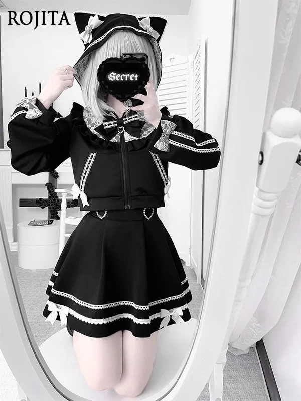 

Субкультура, кружевной стиль, милые кошачьи ушки, осенний короткий спортивный костюм с длинными рукавами, черная юбка в студенческом стиле, женская юбка Stes