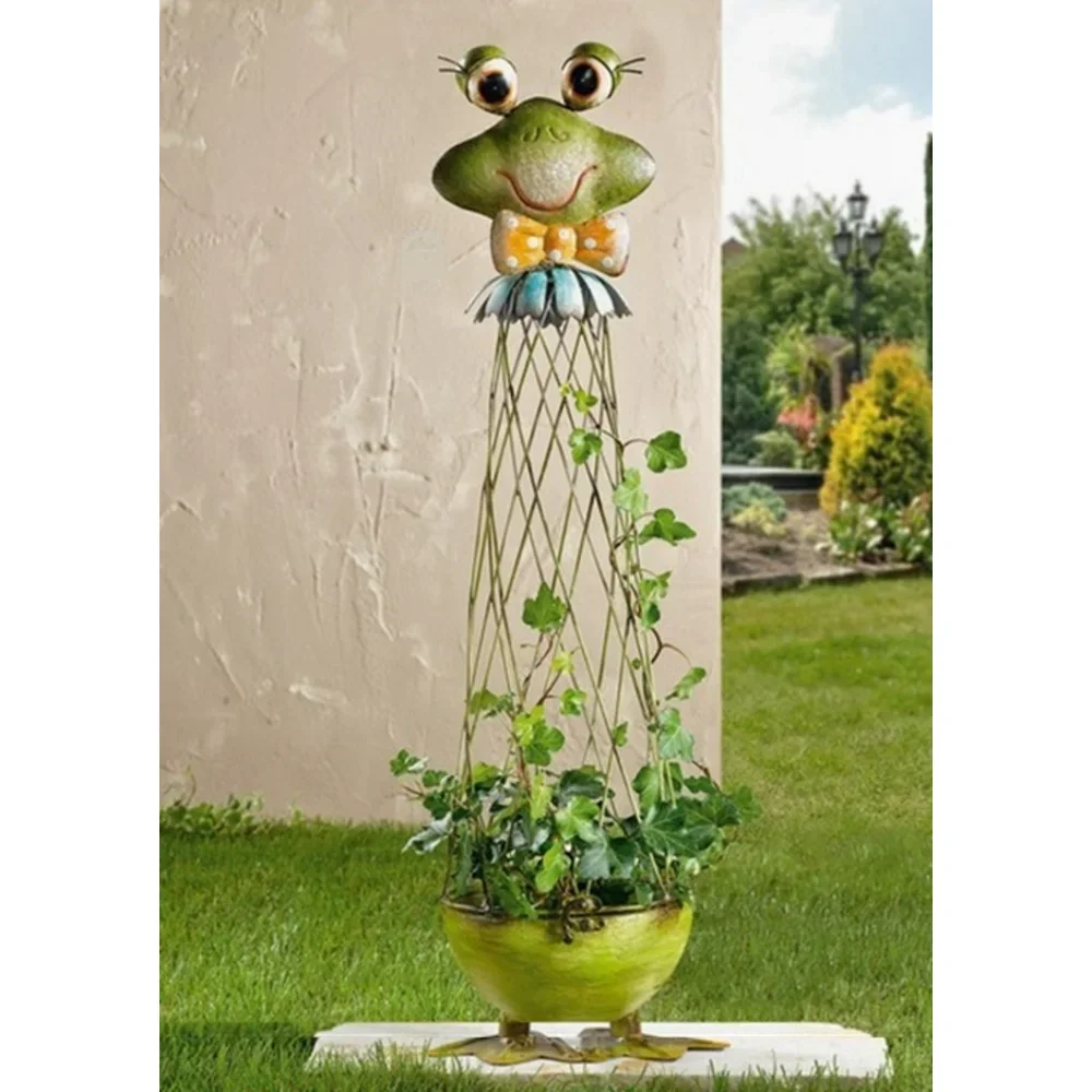 French Country Distressed Retro Iron Art Gardening Frog Climbing Vine Flower Pot Garden Decoration Ornaments