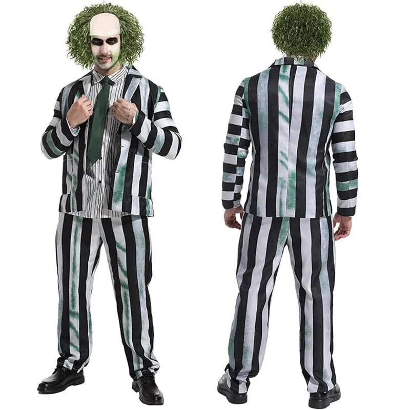 

Movie Michael Keaton Cosplay Costume Beetle Adult Unisex Black White Striped Uniform Suit Halloween Outfit Party