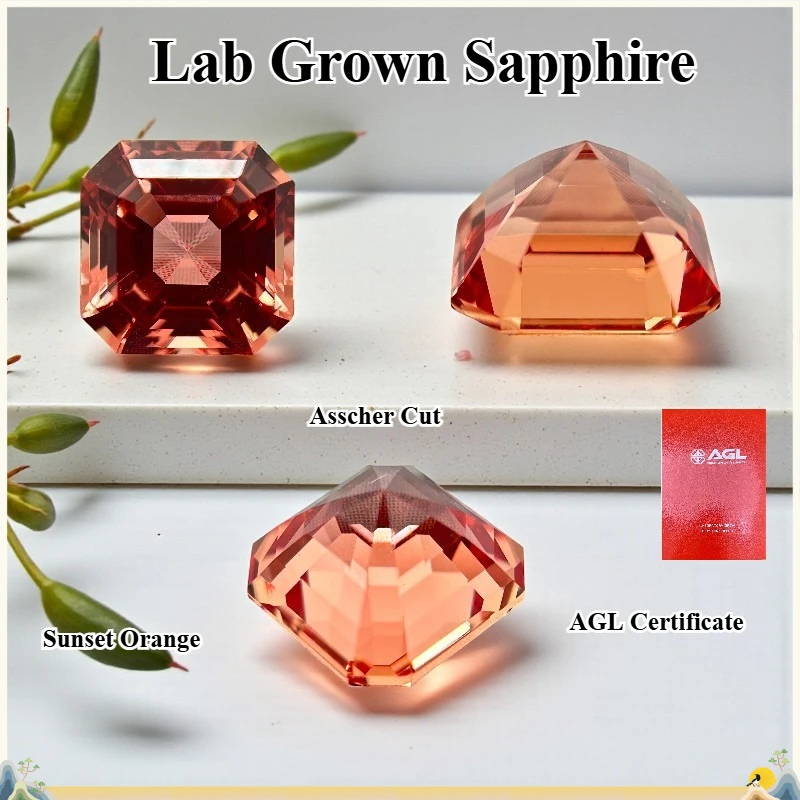Asscher-Schliff Laborgezüchteter Saphir in Sonnenuntergang-Orange für Schmuckherstellung Laborgezüchteter Saphir-Edelstein Wählbar mit AGL-Zertifikat – Detail 1