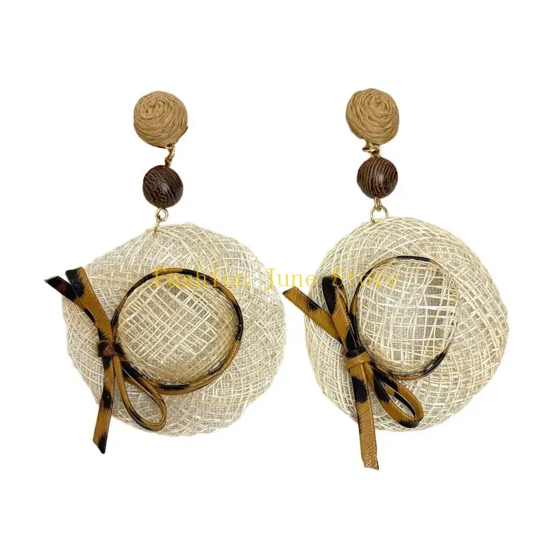 N5KA Braid Straw Hat Inspired Earrings Statement Bohemian Beach Vacation Jewelry