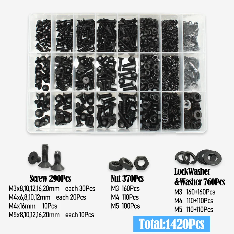 2520 Teile/satz M2 M2,5 M3 M4 M5 M6 Schwarz Grade 10,9 Stahl Sechskant Innensechskant Flache Senkkopf Inbus Bolzen Schraube Mutter Unterlegscheibe Kit – Detail 9