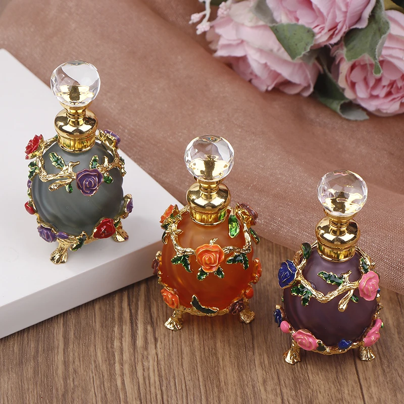 

1Pc Dubai 15ML Beauty Salon Flowers Glass Perfume Empty Bottle Vacuum Bottle Essential Oil Olive Oil Reusable Storage Bottle