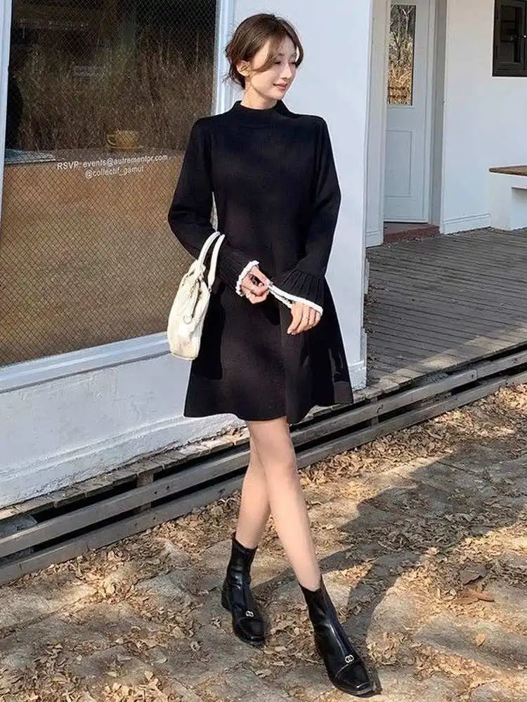 Suéter de Camada Base Tricotado Bla Hepburn Sle Dr, Saia A-Line de Cintura Alta, Tecido Elástico, Longa, para Deslocamento Urbano