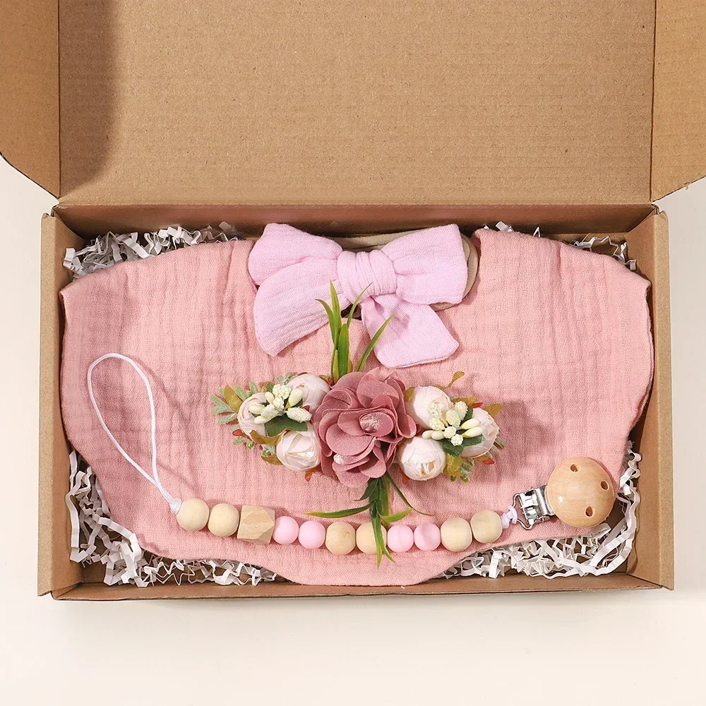 4Pcs/Set Flower Print Baby Bib Headband Elastic Nylon Hair Band Food Grade Silicone Beads Pacifier Clip Chain Gift Box for Baby