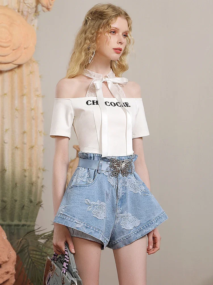 High Street Blue Denim Shorts Women Special-Interest Design Loose Cool Belt Slimming Shorts Spring and Summer New Short Pants