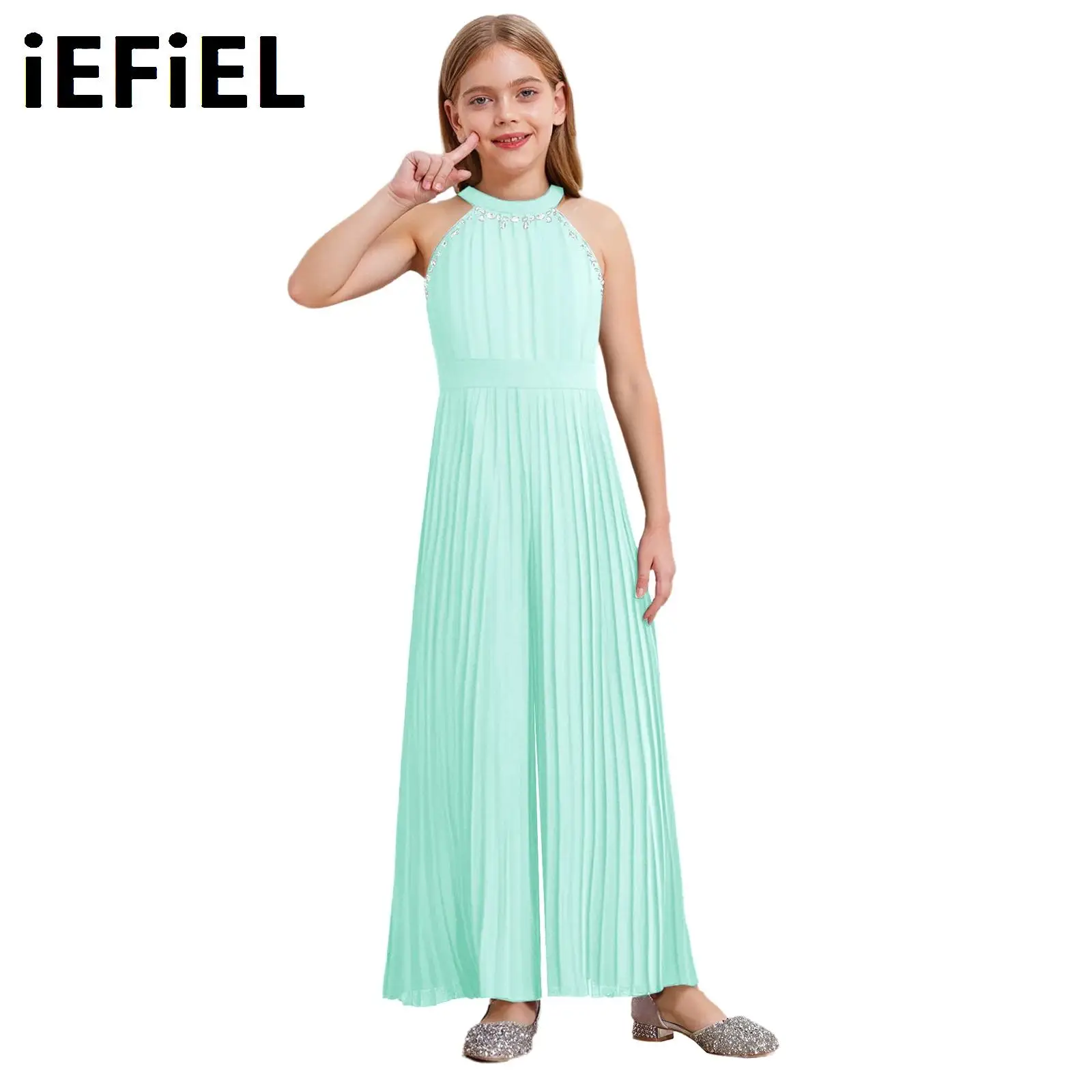 

Kids Girl Pleated Party Jumpsuit Beading Rhinestone Embellished High Waist Wide Leg Occasion Jumpsuit for Wedding Pageant Prom
