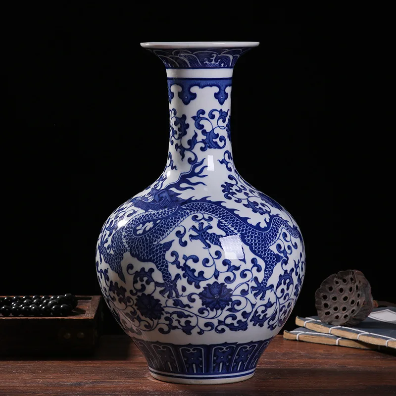 Large Sized Jingdezhen Ceramic Vase, Chinese Blue and White Porcelain, Antique Living Room, Household Flower Arrangement Vase, H