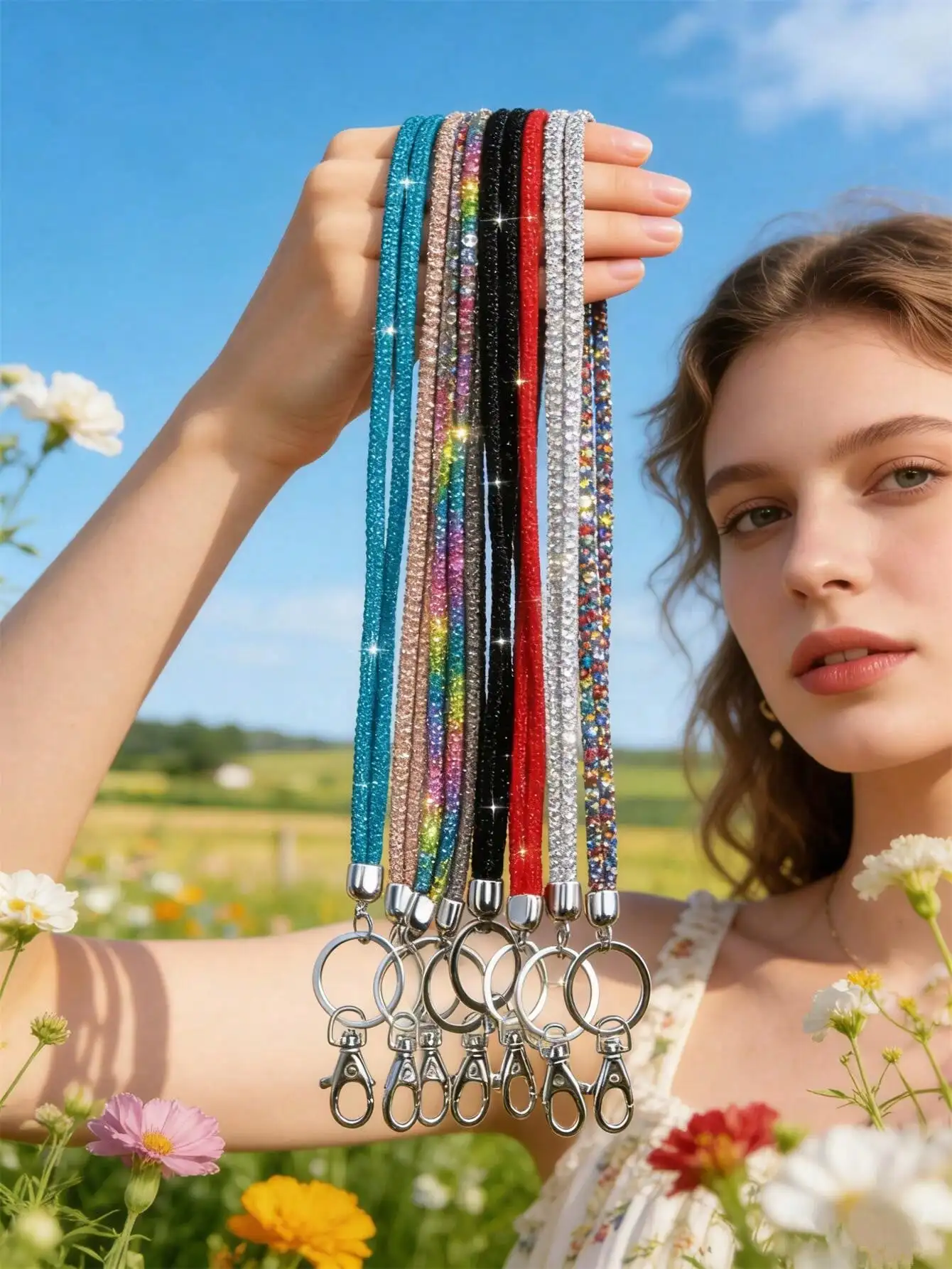 

1pc Multicolor Rhinestone Crystal Lanyard - Nylon Strap With Metal Clasp, Elegant Shiny ID And Phone Keychain, Suitable For Office, Teacher, Student (7 Colors: Mixed/Gray/Pink//Blue/Black)