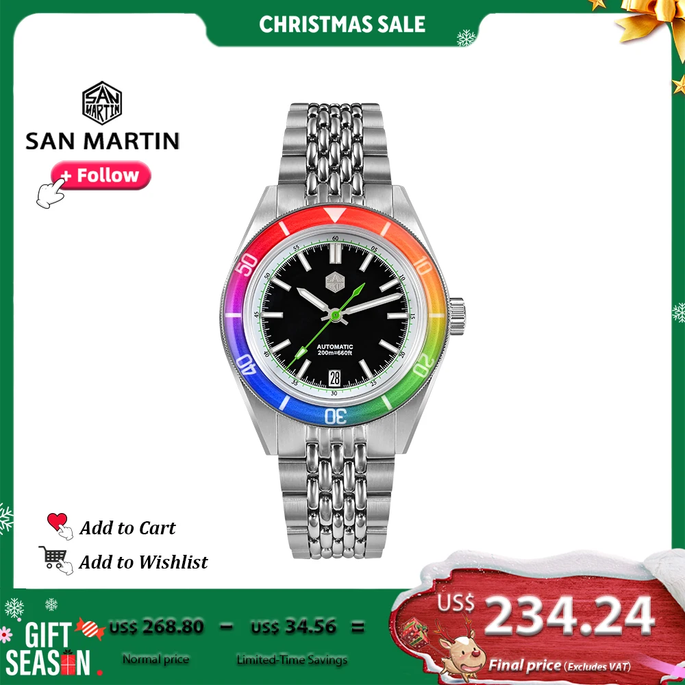 

San Martin Original Design 39.5mm Fashion Men Diving Watch Sapphire Rainbow Bezel Mechanical Watches Luminous Date 200m SN0116