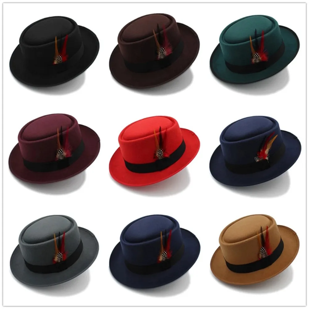 Retro Feather Felt Hat Convex Top Small Flat Top Polk Pie Coffee Top Hat Classic Party Decorate Jazz Hats Men Women Winter