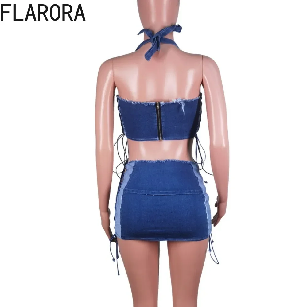 FLARORA Fashion Denim Hollow Lace Up Mini Skirts Two Pieces Set Women Strapless Crops Top and Side Bandage Skirts Cowboy Outfits