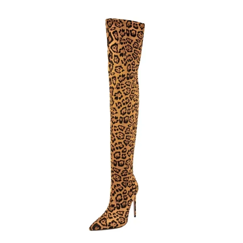 Plus Size Shoes 47 45 43 2024 New Fashion Sharp Pointed Leopard Print Knee High Boots for Women Elegant High Heels Elastic boots