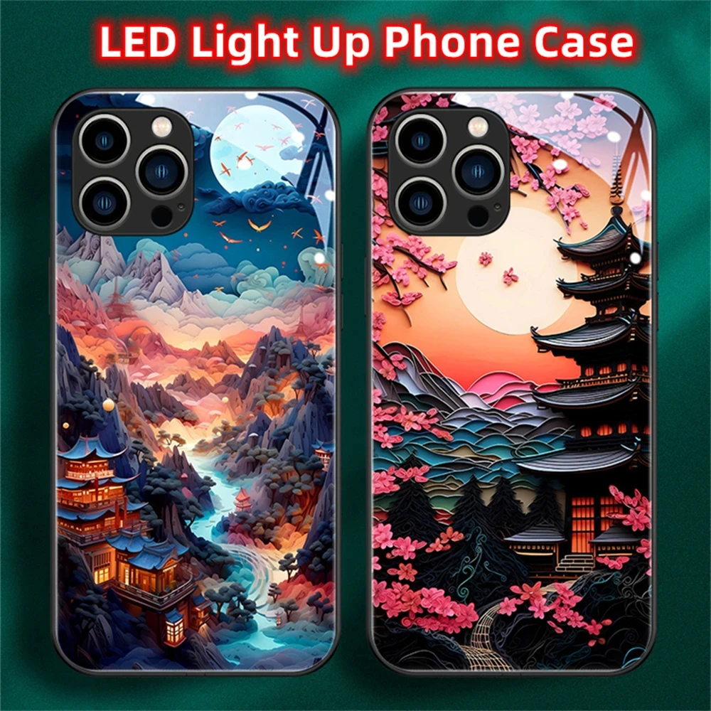 

Classic Landscape Style Sound Music Control LED Light Up Phone Case For iPhone 15 14 13 12 11 Pro Max X XR XS 6 7 8 Plus SE2020