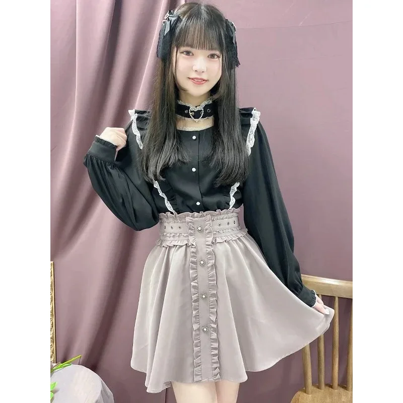 

DY20Японская рубашка Rojita, женские весенне-осенние рубашки, топы с длинными рукавами и пряжкой в форме пальца, тонкая блузка в стиле Лолита для девочек