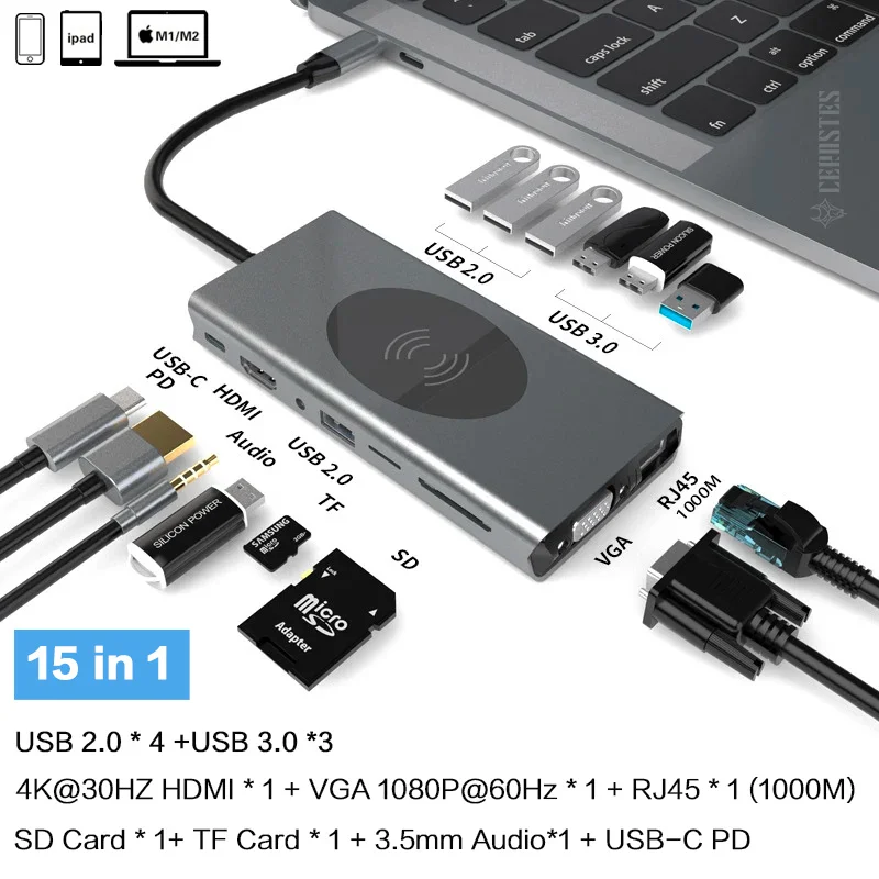 USB C HUB 4K 30Hz Type C to HDMI-compatible USB 3.0 Adapter 11 in 1 Type C HUB Dock PD 87W USB C Splitter for MacBook Pro Air