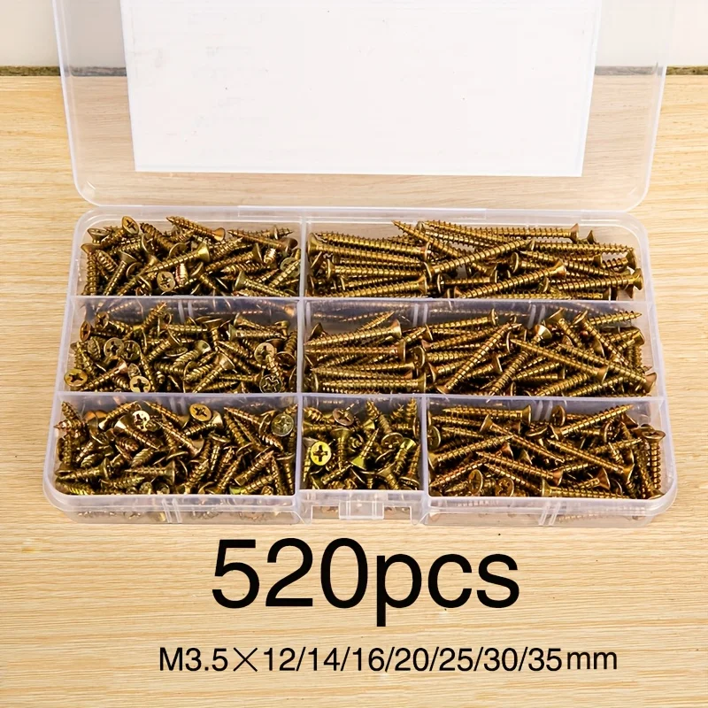 520pcs M3.5/12/14/16/20/25/30/35mm Countersunk Self-tapping Screws Set, Colorful Cross Head For Industrial, Home, And JJ2813
