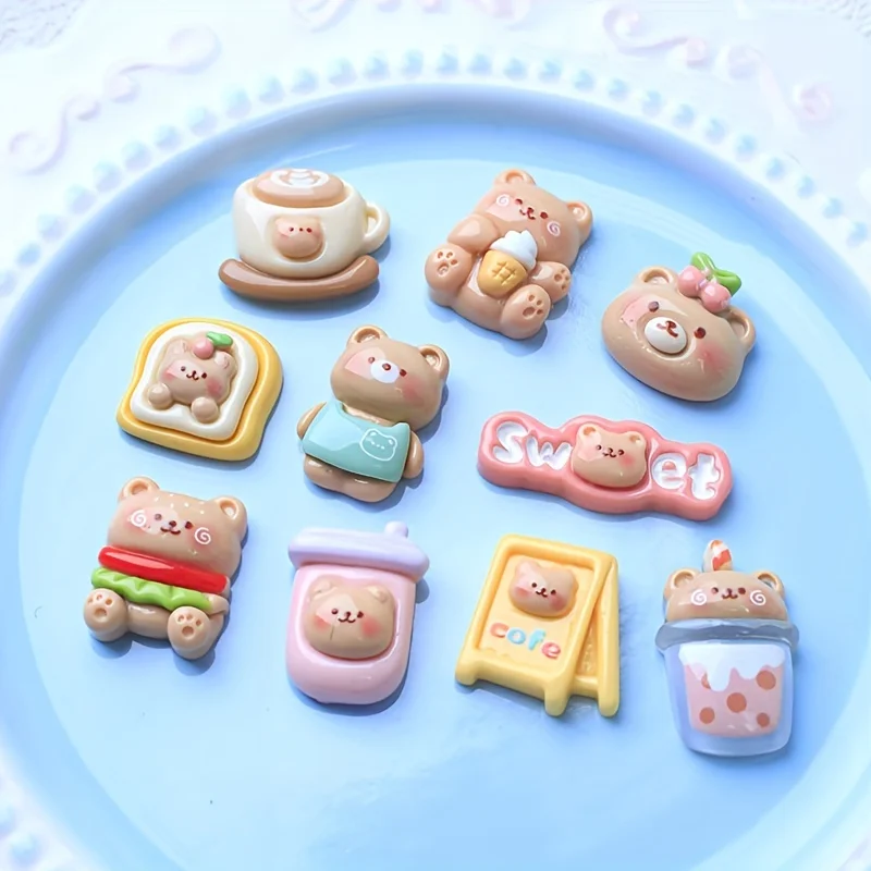 10pcs Mixed Style, Cute Cartoon Bear Series Design Resin Patch, With Free Glue Personalized Fridge Magnet Refrigerator