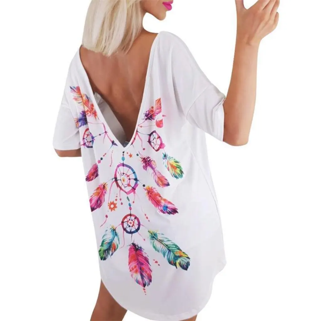 

Women's Fashion Deep V-neck Backless Printed T-shirt Short-Sleeved Top for Spring/Summer European American Style