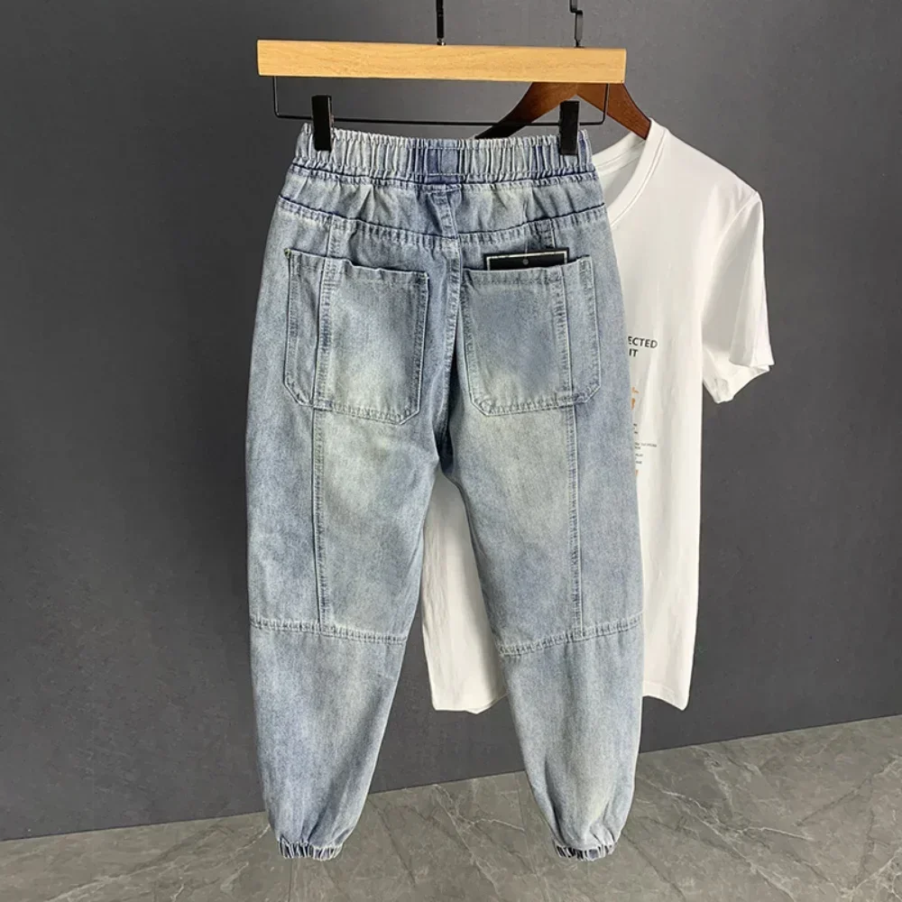 Calças jeans azul claro lavadas vintage masculinas, jeans largos e largos, calças hip-hop, novas