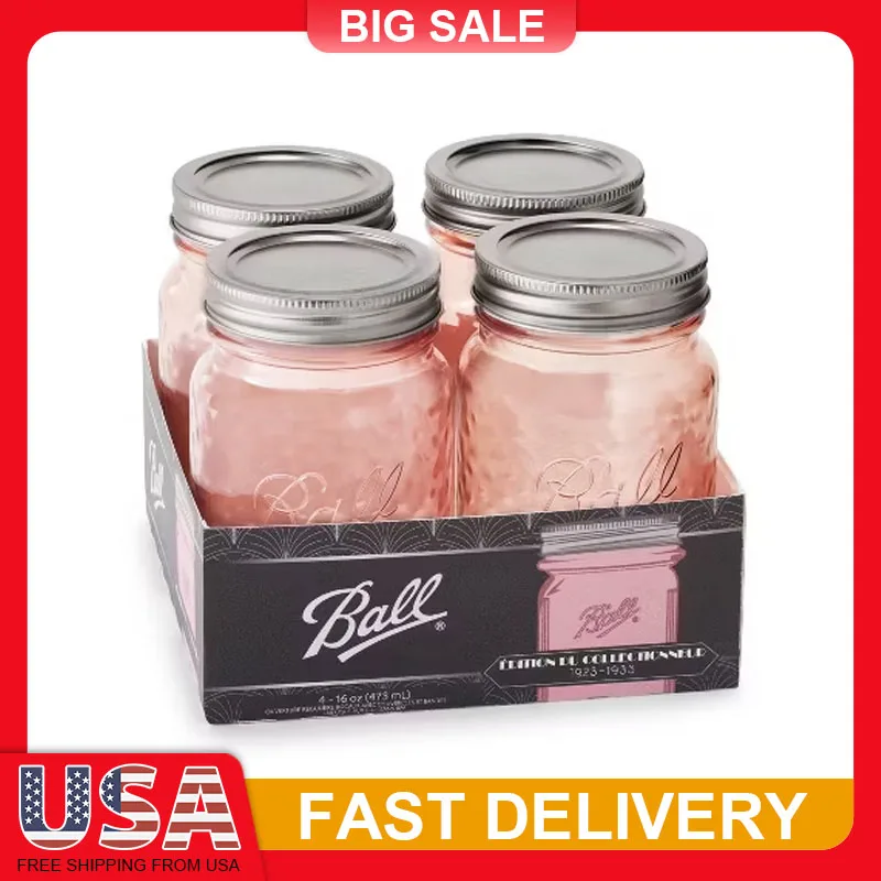 

4 Pack 16Oz Mason Jars Pink Vintage Glass Canning Jars with Lids Bands Dishwasher Safe for Preserving Drinks Crafts Floral Decor