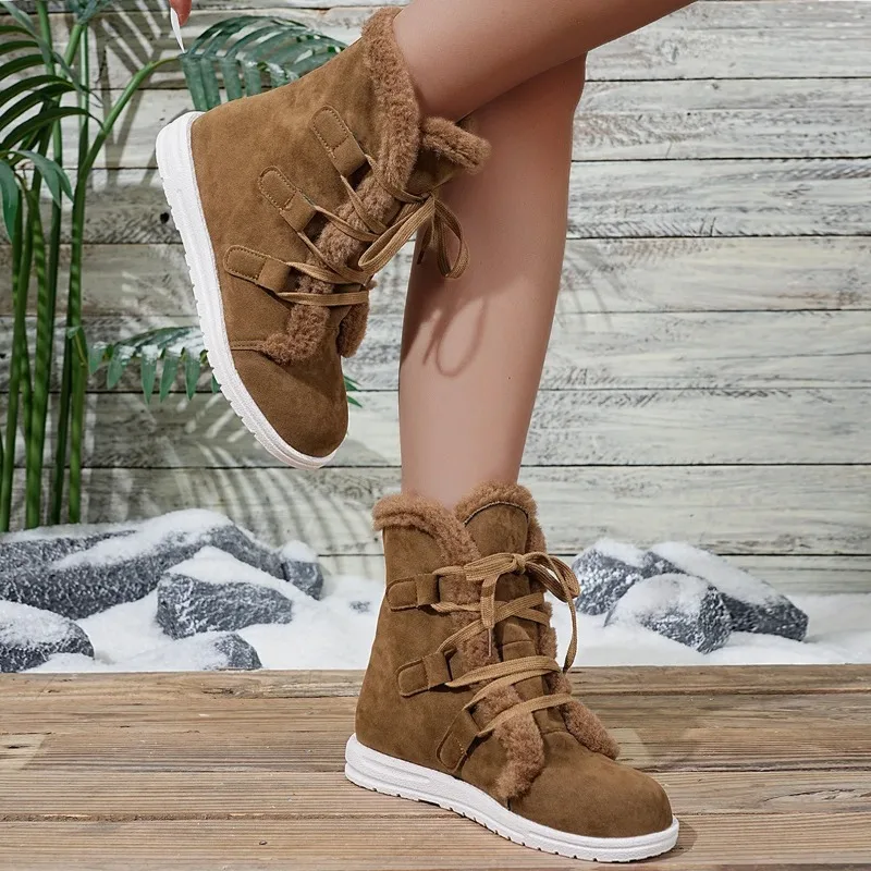 

2026 Women's Furry Lined Snow Boots Flat Bottom Casual Lace Up Winter Warm Ankle Boots for Women Solid Plush Cotton Shoes