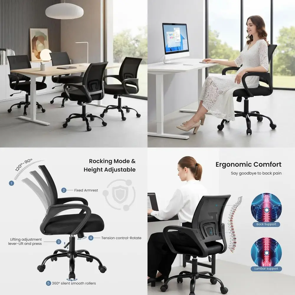 

Ergonomic Mid-Back Desk Chair with Lumbar Support, Rocking, Adjustable Height, Fixed Armrests, 360° Swivel, Ideal for Home Offic