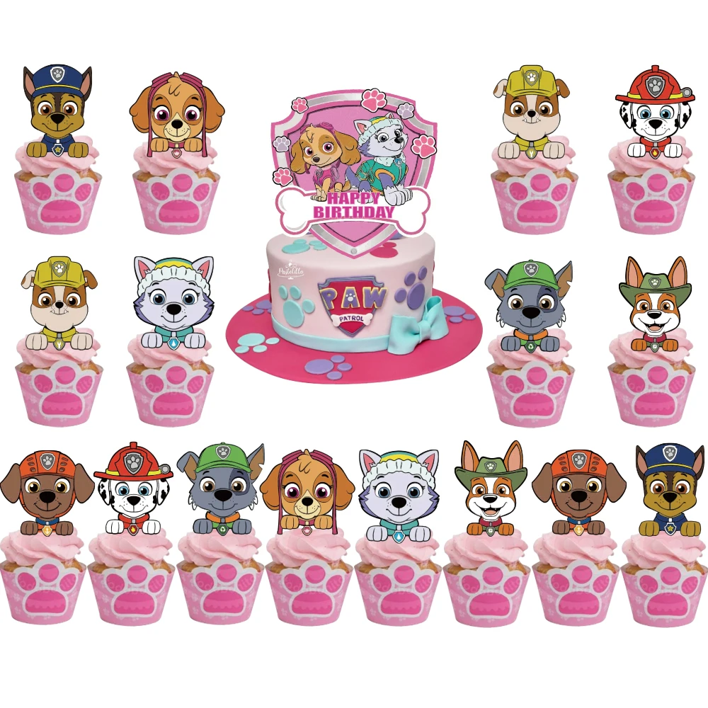 16pcs PAW Patrol Chase Cake Topper Anime Kids Happy Birthday Cake Decoration Cartoon Cupcake Topper for Boy Girl Birthday Gift