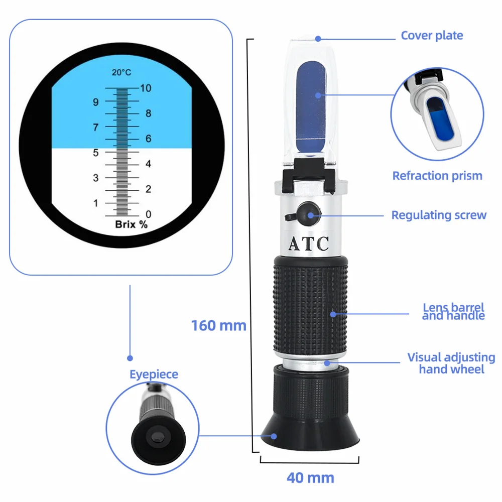 Handheld Brix Sugar Refractometer 0-10% Sugar Refractometer  ATC Low-Concentrated Sugar Content Tester Accuracy 0.1%