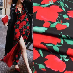 Plain Satin Fabric for Shirt Dress and Trousers, Black Bottom, Big Red Flower Print, High Grade, T1955, Fashion