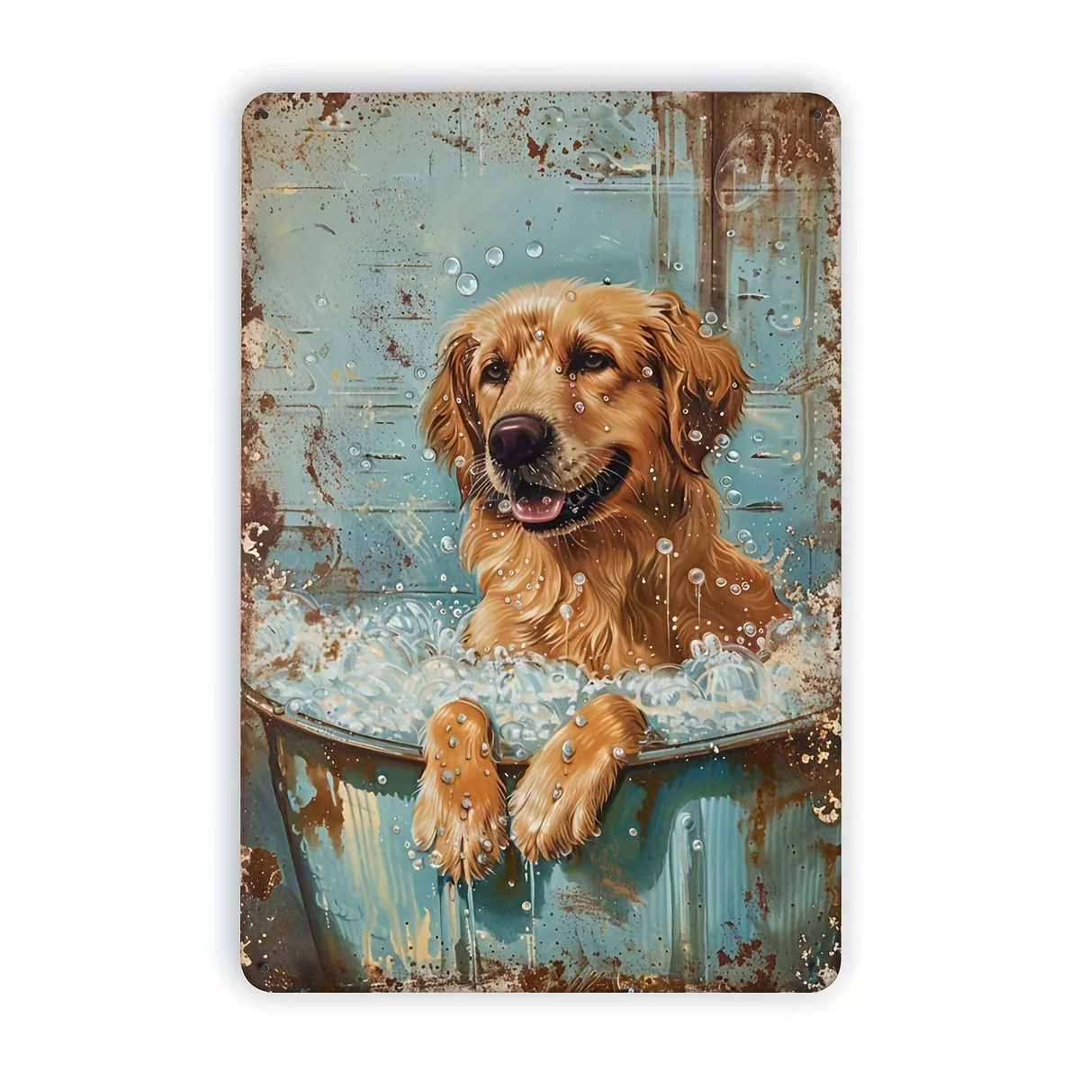 Encantador letrero de metal vintage de Golden Retriever en la bañera, decoración rústica de pared para el hogar, gimnasio, bar, cafetería, garaje, hierro duradero,