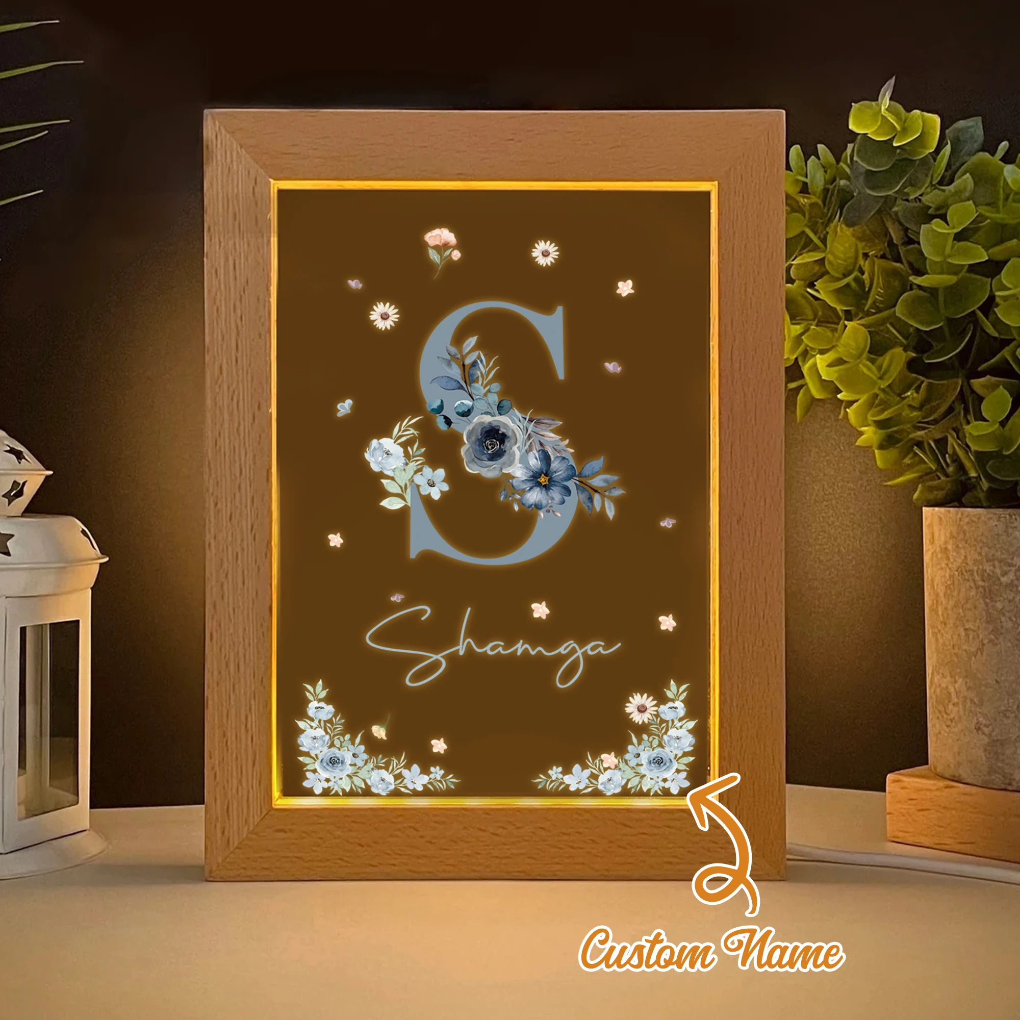 

2D Flat Custom Name Blue Flowers LED Acrylic Night Light Wood Photo Frame 21x17cm Cartoon Children's Bedroom Gifts Home Decor