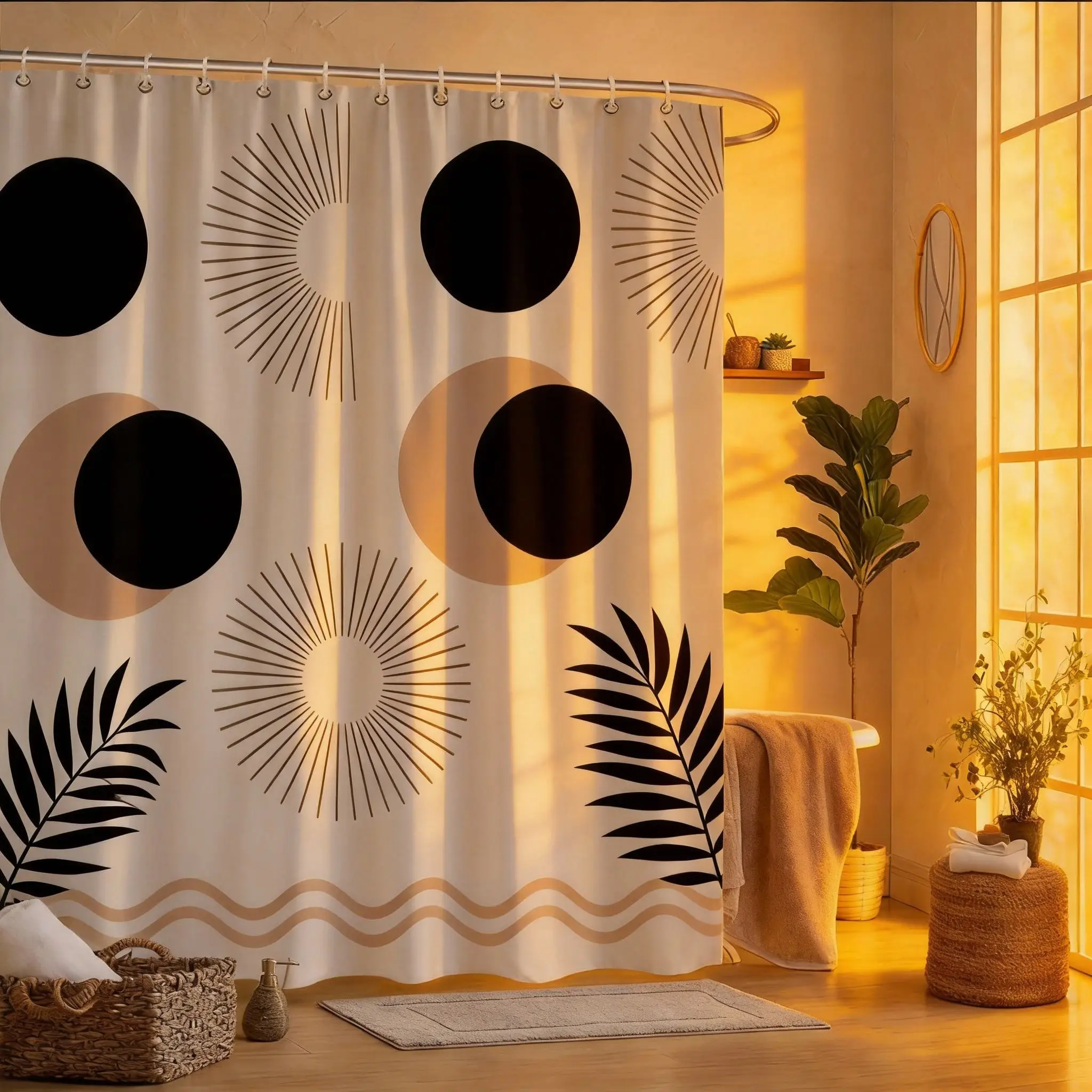 

Абстрактная геометрическая занавеска для душа 180x180 см – черные и бежевые круги и линии, минималистичный декор для ванной комнаты, 12 крючков