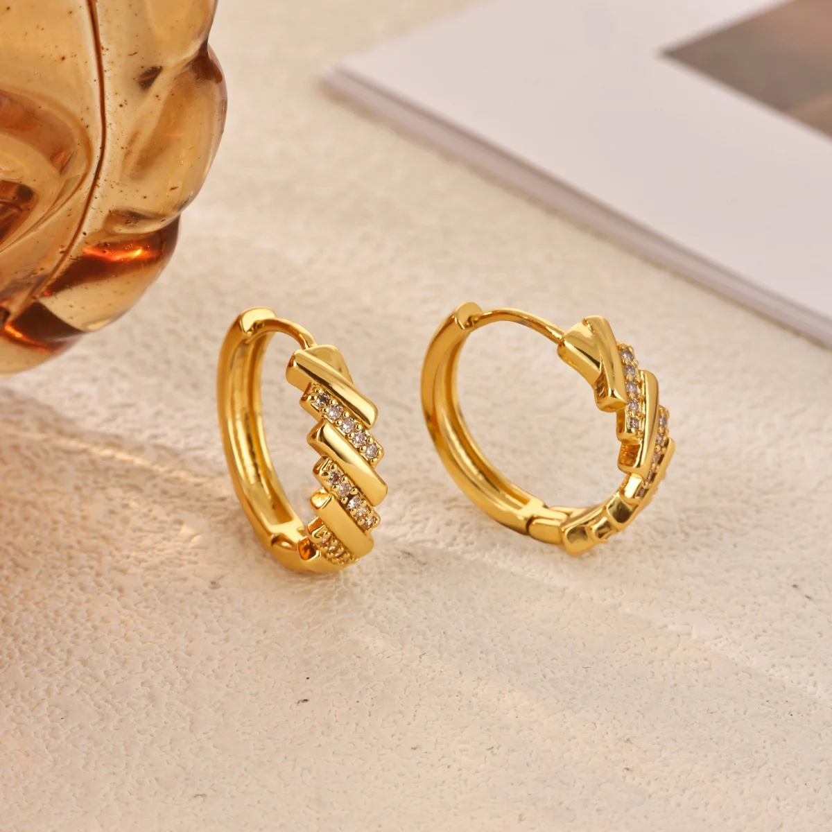 Zircon Bar Huggie Hoop Earrings For Women Gold Color Stainless Steel Bar Geometric Earring Luxury Wedding Aesthetic Jewelry Gift