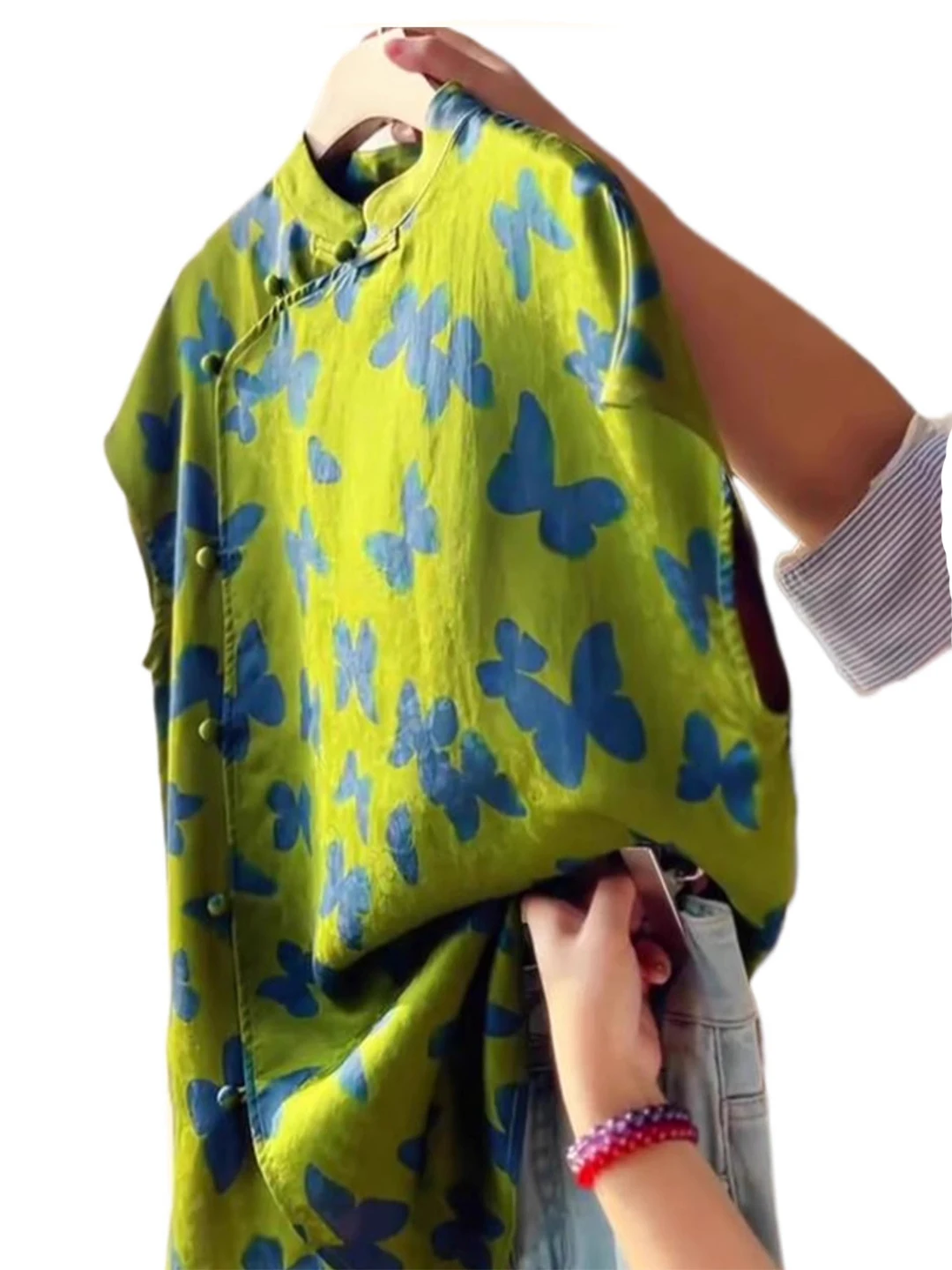 新しい中国風プリントスリーブ、女性用サマーハイエンド感覚の民族風スリーブボタンスタンドカラーミディチパオ...