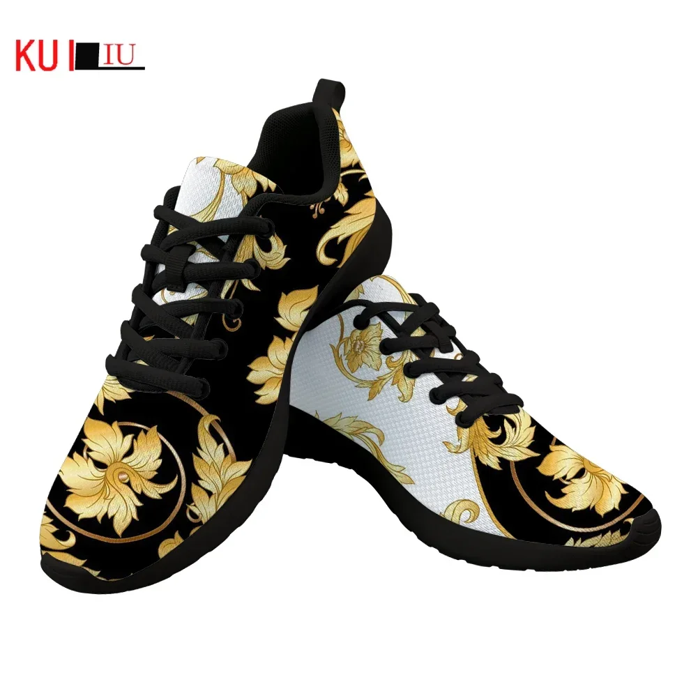 New Men Shoes Golden European Floral Print Casual Women Sneakers Brand Designer Lace Up Sport Shoes Dropshipping