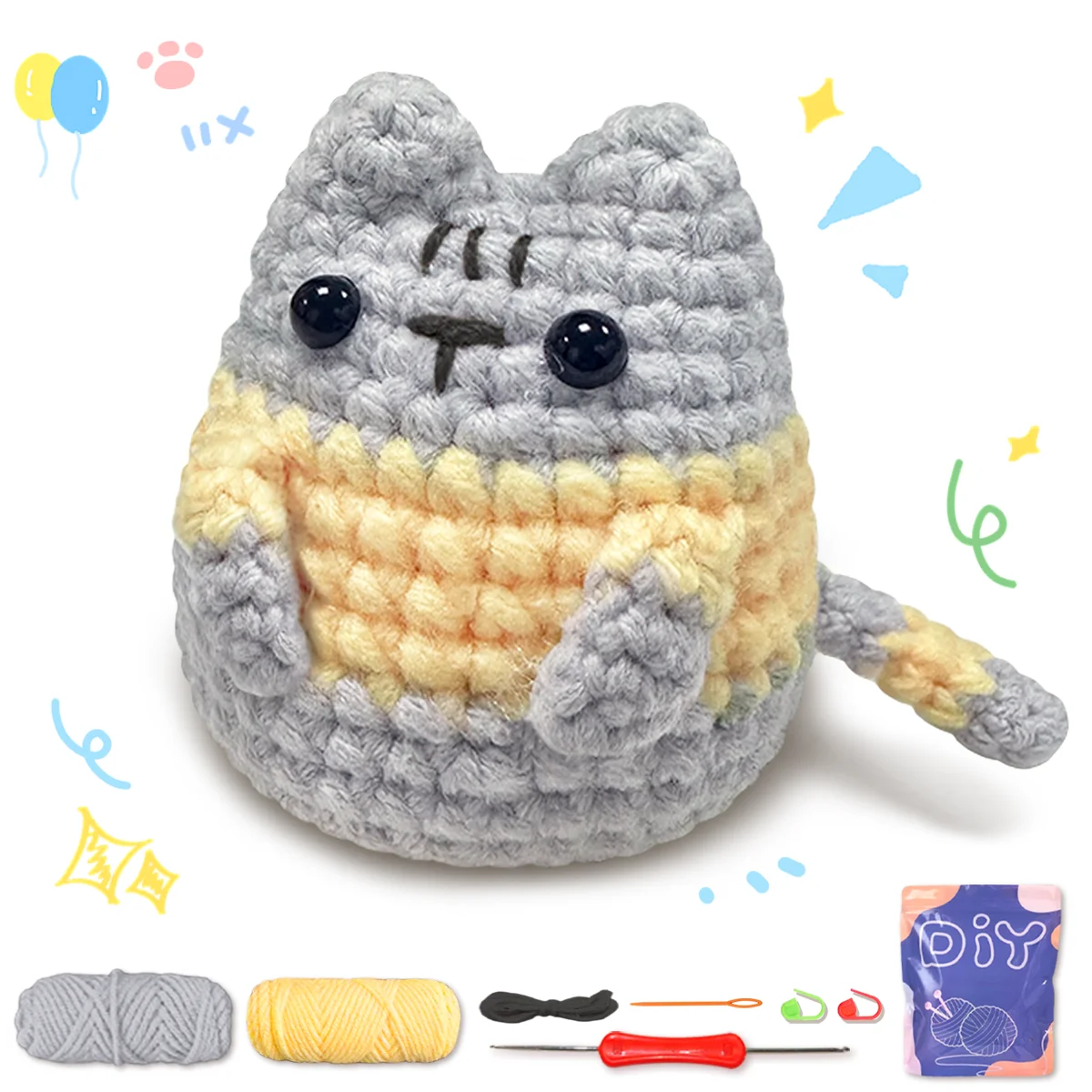 1pc pequeno gato cinza, conjunto de crochê para iniciantes, inclui tutoriais de vídeo passo a passo (acessórios em cor aleatória)