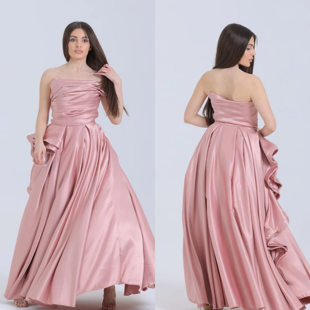 Jiayigong   Evening Saudi Arabia Satin Ruched Christmas A-line Strapless Bespoke Occasion Gown Midi Dresses