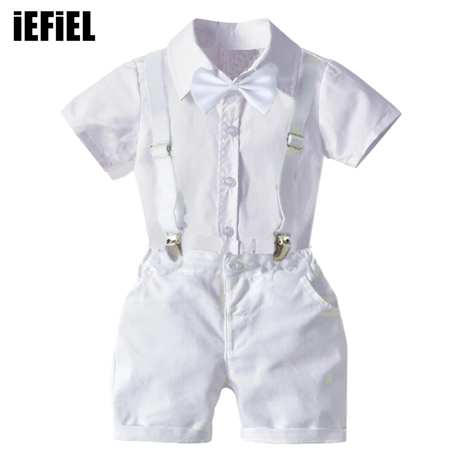 

Baby Boys Gentleman Baptism Outfit Short Sleeve Shirt with Bowtie Elastic Waist Suspenders Shorts Solid Color Suit