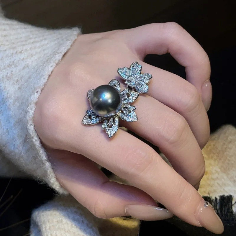

Высококачественное модное кольцо с серым жемчугом, оригинальное модное серебро 925, инкрустация бриллиантами, цветочные кольца для женщин, свадебные украшения для помолвки