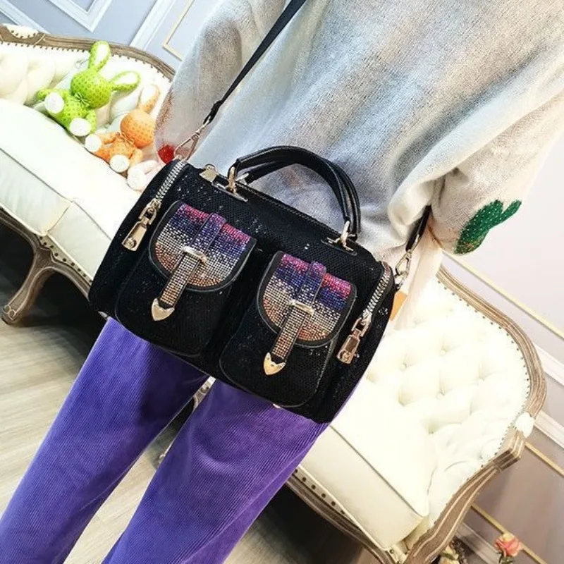 أزياء المرأة شبكة المعاوضة قزحي الألوان Paillette حجر الراين حقيبة ساعي سيدة عادية لامعة مكتب جيوب حقيبة يد محمولة