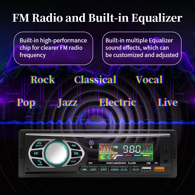 Hippcron راديو السيارة 1din الصوت بلوتوث مشغل MP3 ستيريو FM استقبال مع أضواء ملونة AUX/USB/TF بطاقة في داش كيت