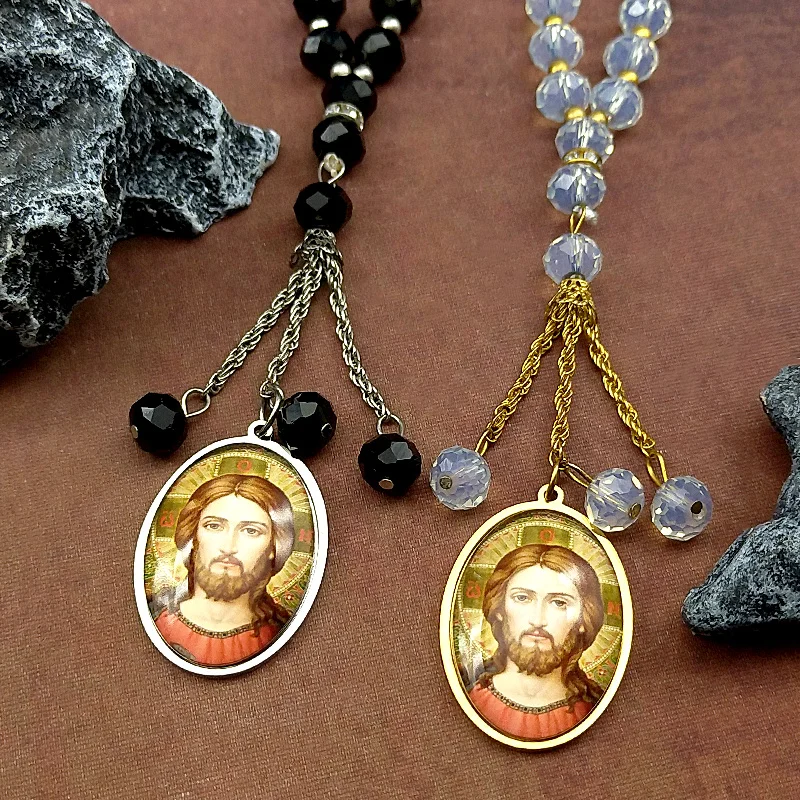 

Stainless Steel Jesus Cross Glass Oval Medal Car Pendant for Women Men Gold Color Christian Prayer Beads Chain Amulet Jewelry