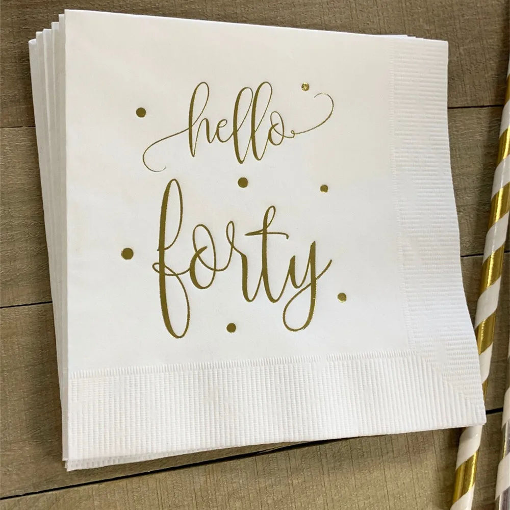 

50PCS Hello Forty 40 White w/Metallic Shiny Gold Foil Cocktail Beverage Napkins 3 Ply Happy Birthday 40th Hello Shiny Gold Foil