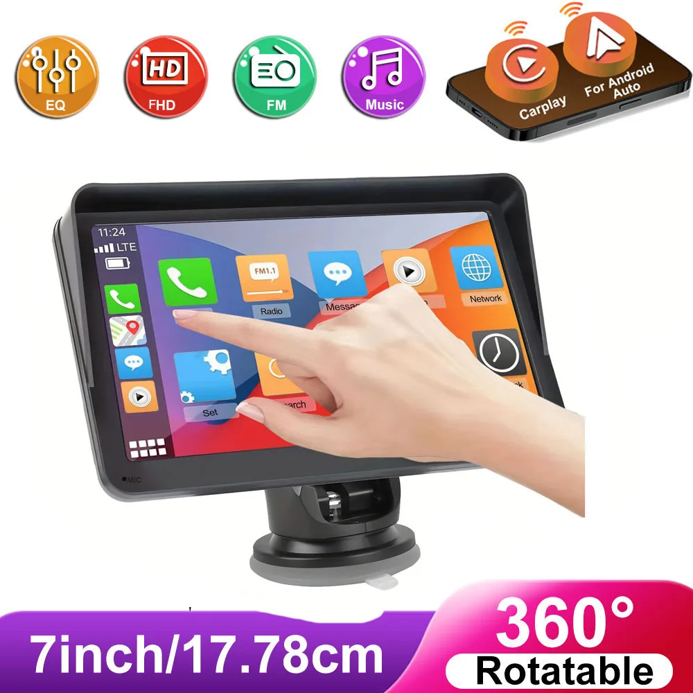 

7-дюймовый автомобильный мультимедийный видеоплеер с беспроводным CarPlay и беспроводным Android Auto, портативный универсальный сенсорный экран