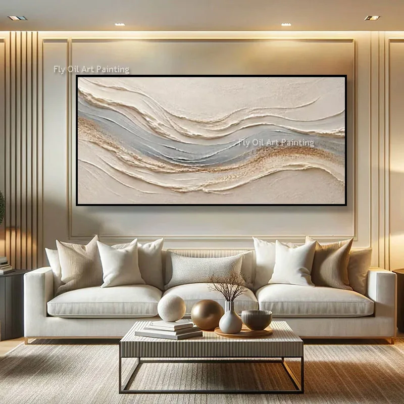 Thick Texture Handpainted Oil Painting, Soft Neutral Flow Canvas Art, Calm Abstract Statement Wall Decor