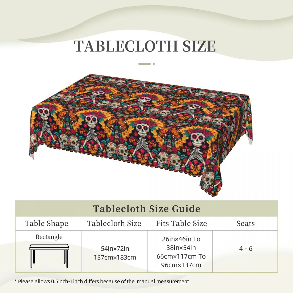 Mexican Sugar Skulls And Flowers Custom Rectangular Tablecloth Oilproof Table Cover for Dining Events Table Cloth