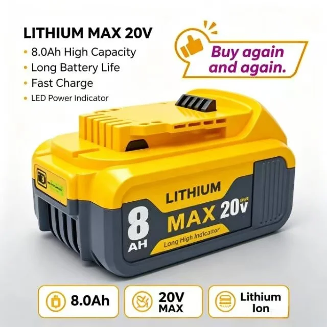 8.0Ah 20V/60V Replacement Battery for Dewalt, Compatible with DCB206 DCB205 DCB200 DCF887 DCG405 DCD791 DCF922 DCF850 DCD805 - view 2